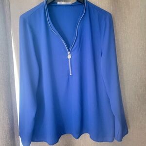 Royal Blue Michael Kors Zip Blouse Top Flowy Long Sleeve Relaxed Fit XL